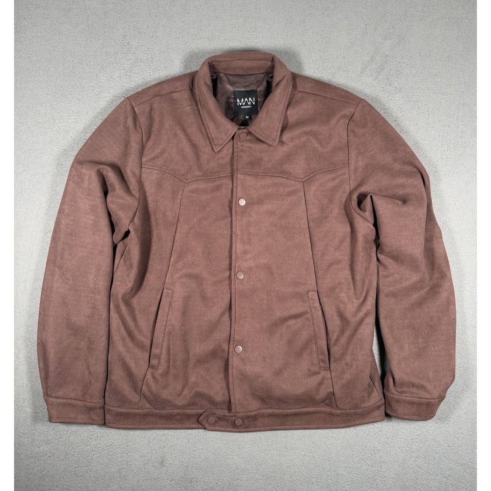 boohooMAN Men's Faux Suede Western Trucker Jacket Mauve Rose Brown Size M